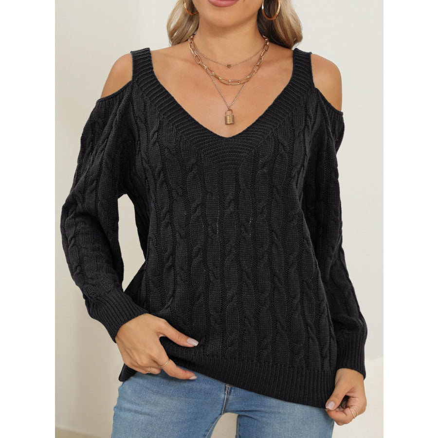 Cable-Knit V-Neck Long Sleeve Sweater Black / S Apparel and Accessories