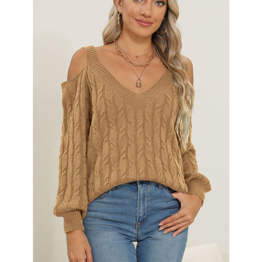 Cable-Knit V-Neck Long Sleeve Sweater Camel / S Apparel and Accessories