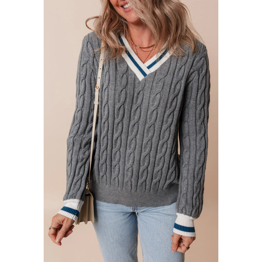 Cable-Knit V-Neck Long Sleeve Sweater Dark Gray / S Apparel and Accessories