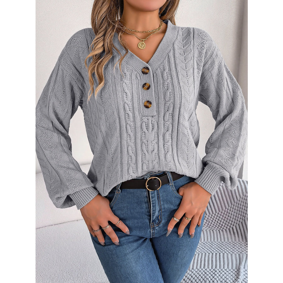 Cable-Knit V-Neck Long Sleeve Sweater Gray / S Apparel and Accessories