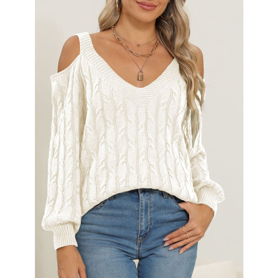 Cable-Knit V-Neck Long Sleeve Sweater Ivory / S Apparel and Accessories