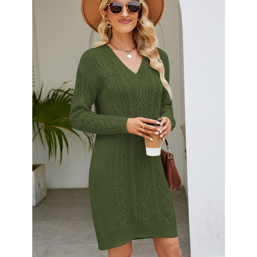 Cable-Knit V-Neck Mini Sweater Dress Green / S