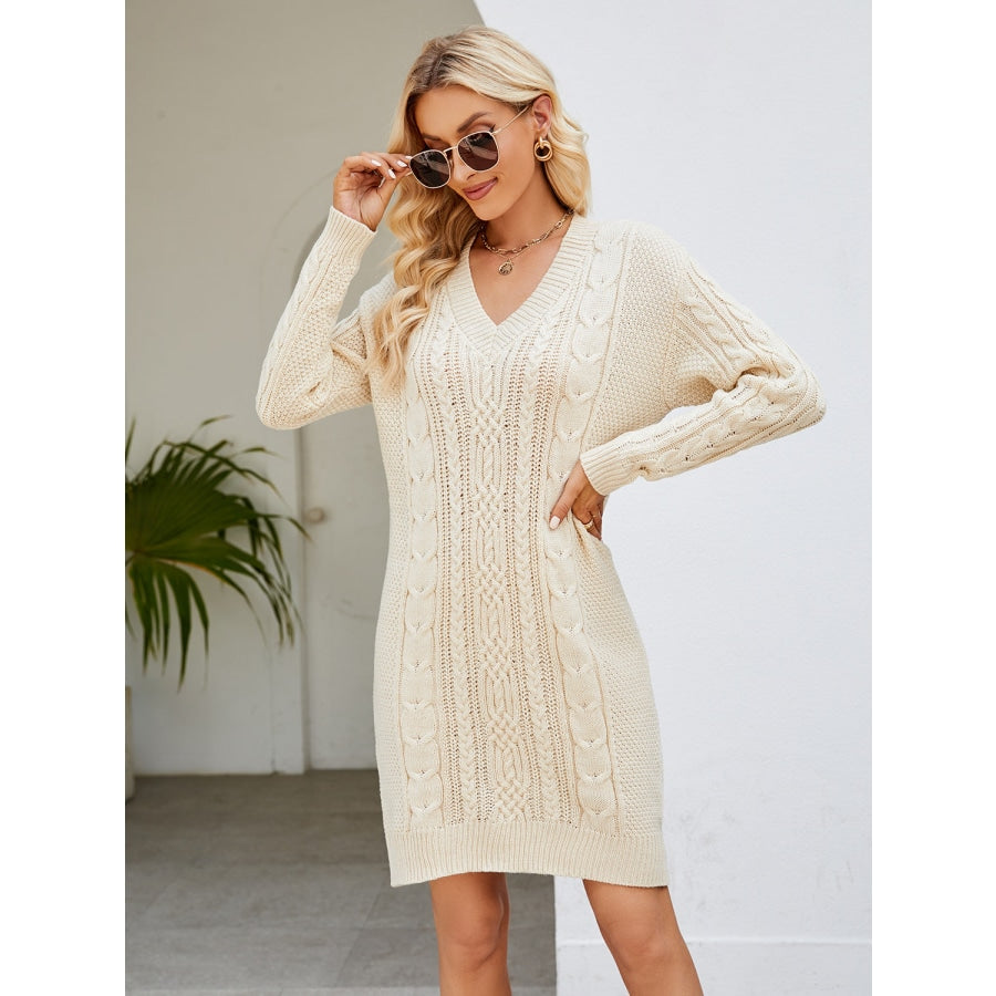 Cable-Knit V-Neck Mini Sweater Dress Ivory / S