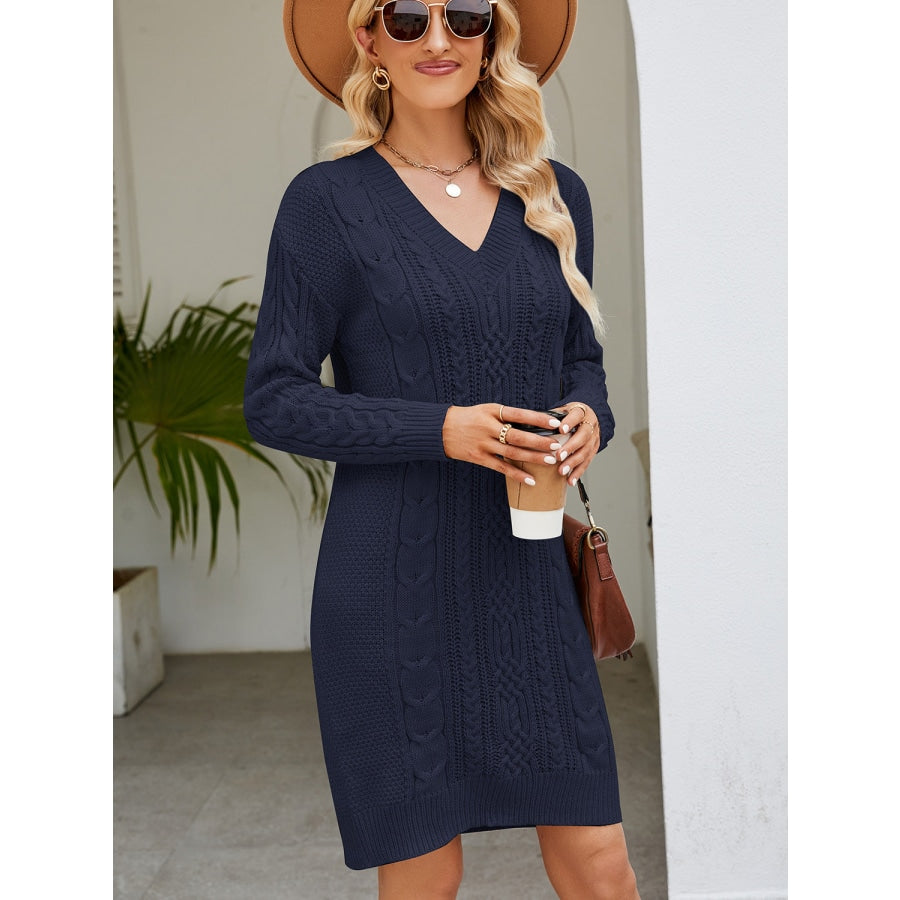 Cable-Knit V-Neck Mini Sweater Dress Navy / S