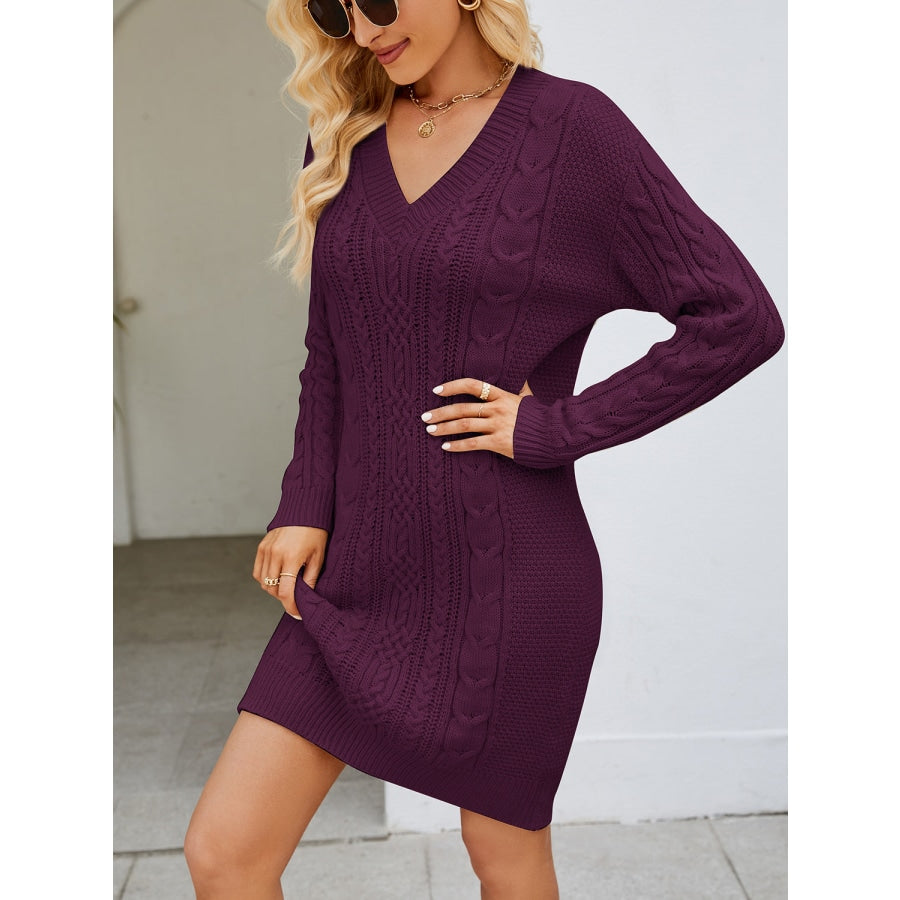 Cable-Knit V-Neck Mini Sweater Dress