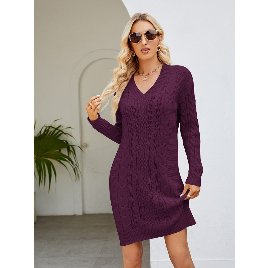 Cable-Knit V-Neck Mini Sweater Dress Wine / S