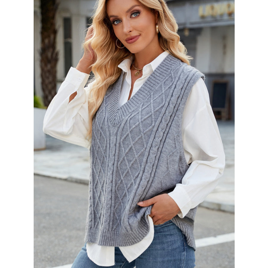 Cable Knit V-Neck Sweater Vest Gray / S Apparel and Accessories