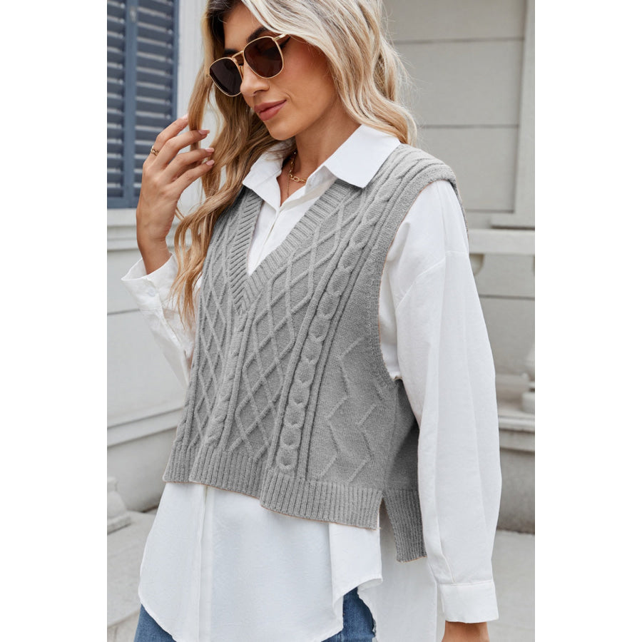 Cable-Knit V-Neck Sweater Vest Gray / S Apparel and Accessories