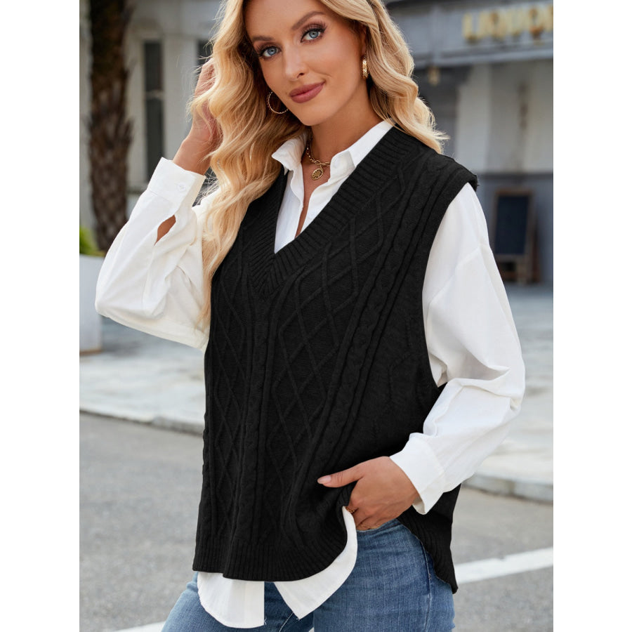 Cable Knit V-Neck Sweater Vest Black / S Apparel and Accessories