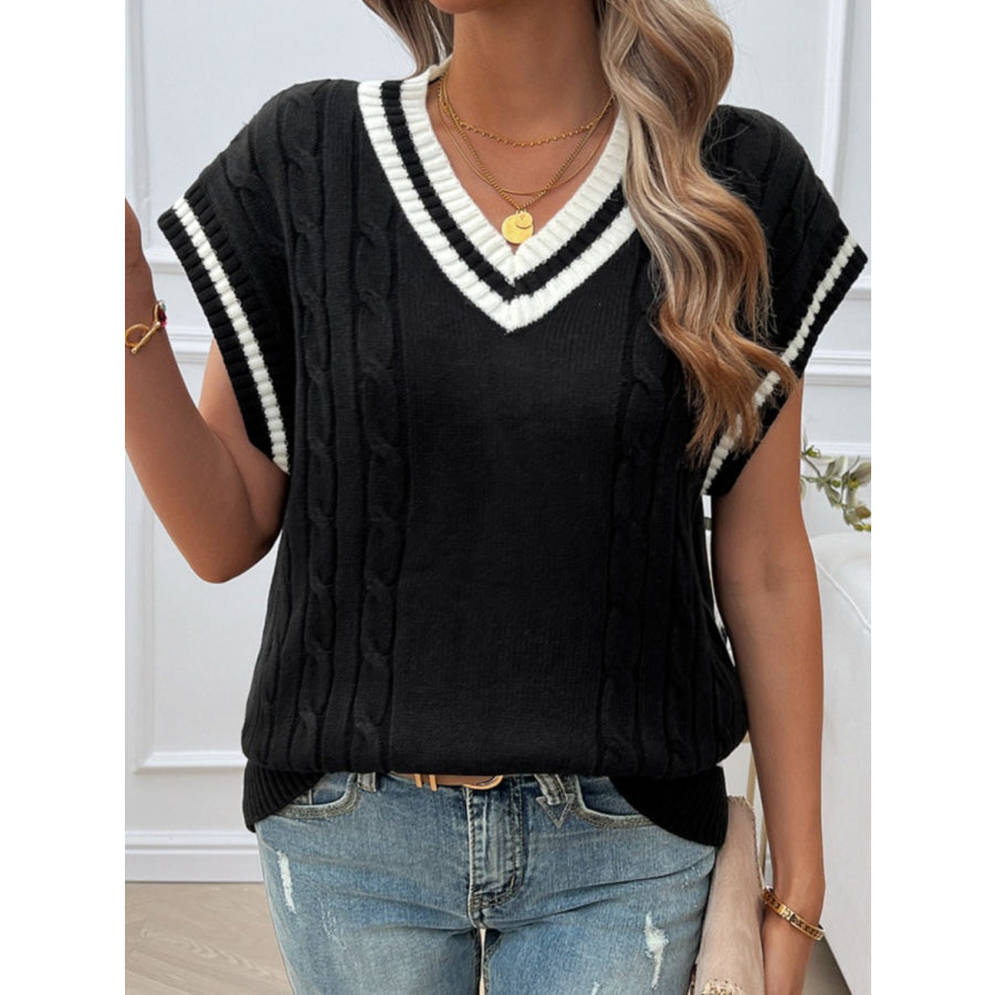 Cable-Knit V-Neck Sweater Vest Black / S Apparel and Accessories