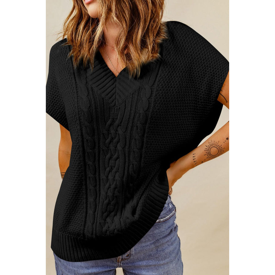 Cable-Knit V-Neck Sweater Vest Black / S Apparel and Accessories