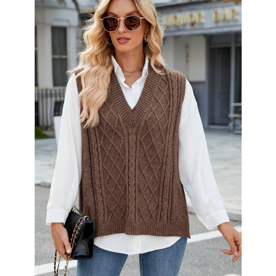 Cable Knit V-Neck Sweater Vest Brown / S Apparel and Accessories