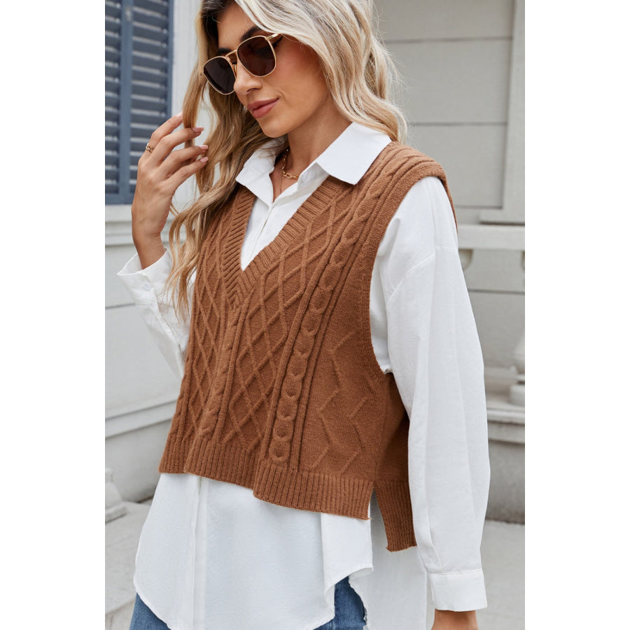 Cable-Knit V-Neck Sweater Vest Caramel / S Apparel and Accessories