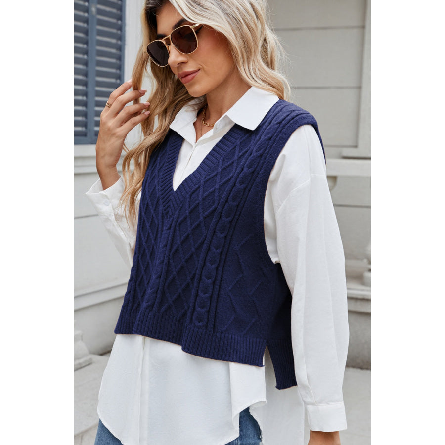 Cable-Knit V-Neck Sweater Vest Dark Navy / S Apparel and Accessories