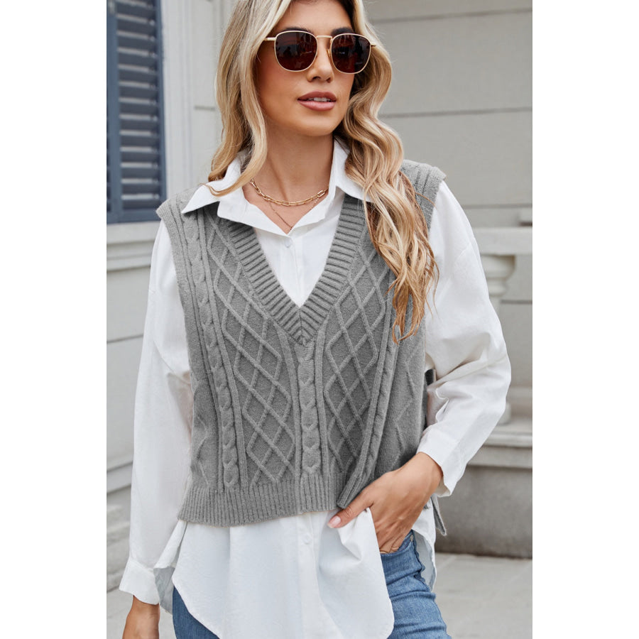 Cable-Knit V-Neck Sweater Vest Gray / S Apparel and Accessories