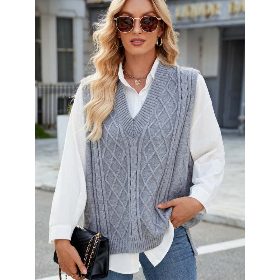 Cable Knit V-Neck Sweater Vest Gray / S Apparel and Accessories