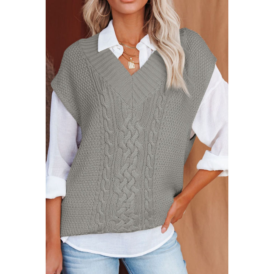 Cable-Knit V-Neck Sweater Vest Gray / S Apparel and Accessories