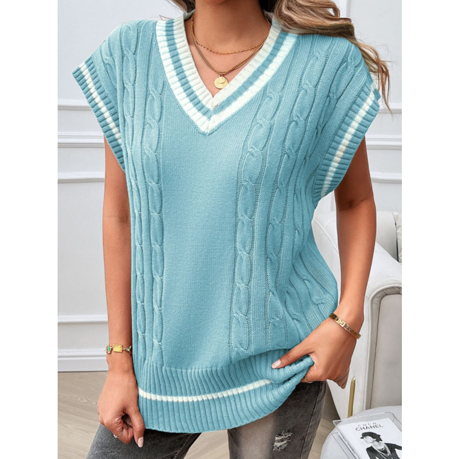 Cable-Knit V-Neck Sweater Vest Pastel Blue / S Apparel and Accessories