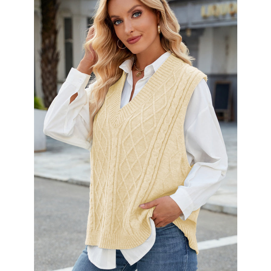 Cable Knit V-Neck Sweater Vest Tan / S Apparel and Accessories