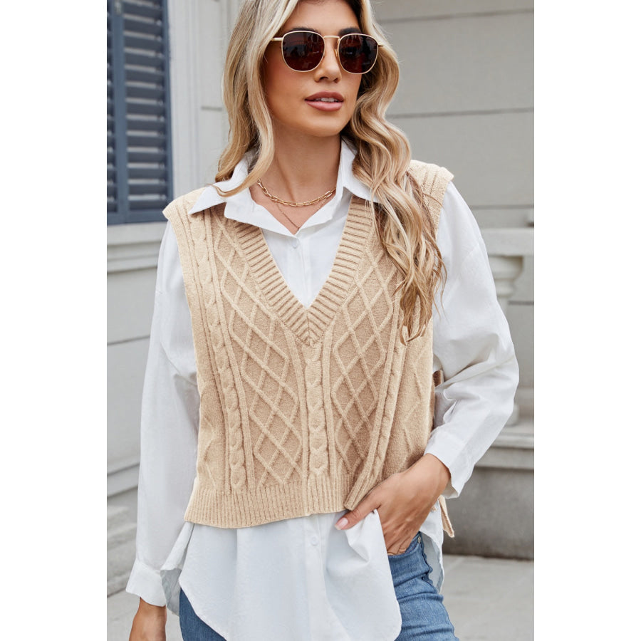 Cable-Knit V-Neck Sweater Vest Tan / S Apparel and Accessories