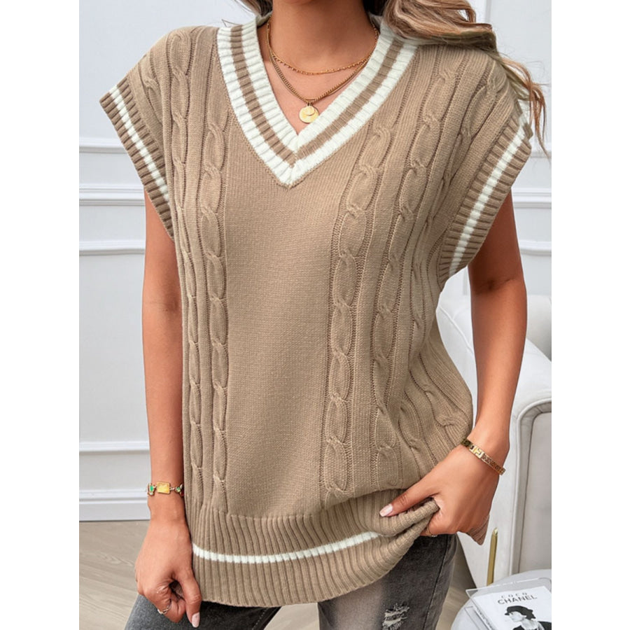 Cable-Knit V-Neck Sweater Vest Tan / S Apparel and Accessories