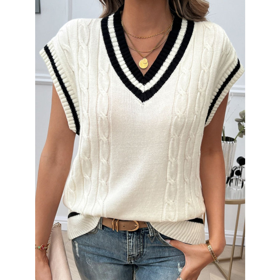 Cable-Knit V-Neck Sweater Vest White / S Apparel and Accessories