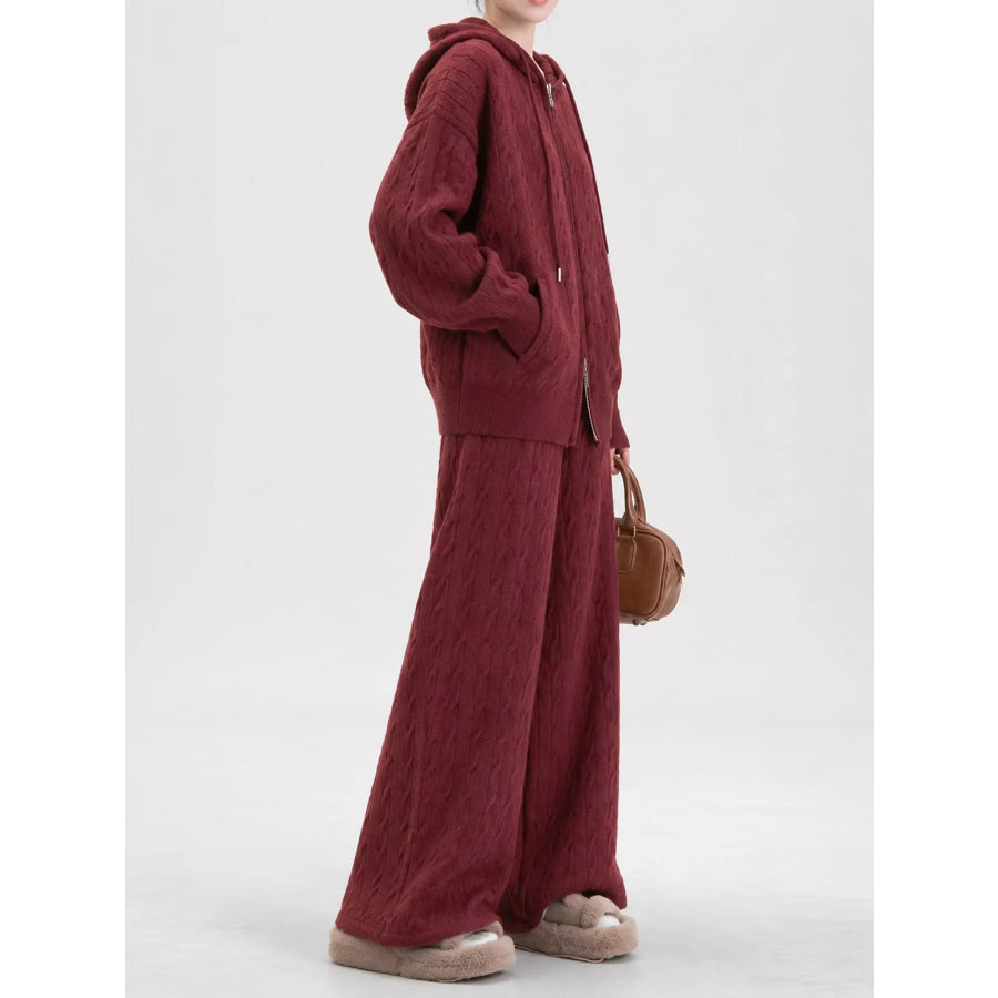 Cable Knit Zip-Up Hooded Cardigan and Wide-Leg Pants Sweater Set Apparel Accessories