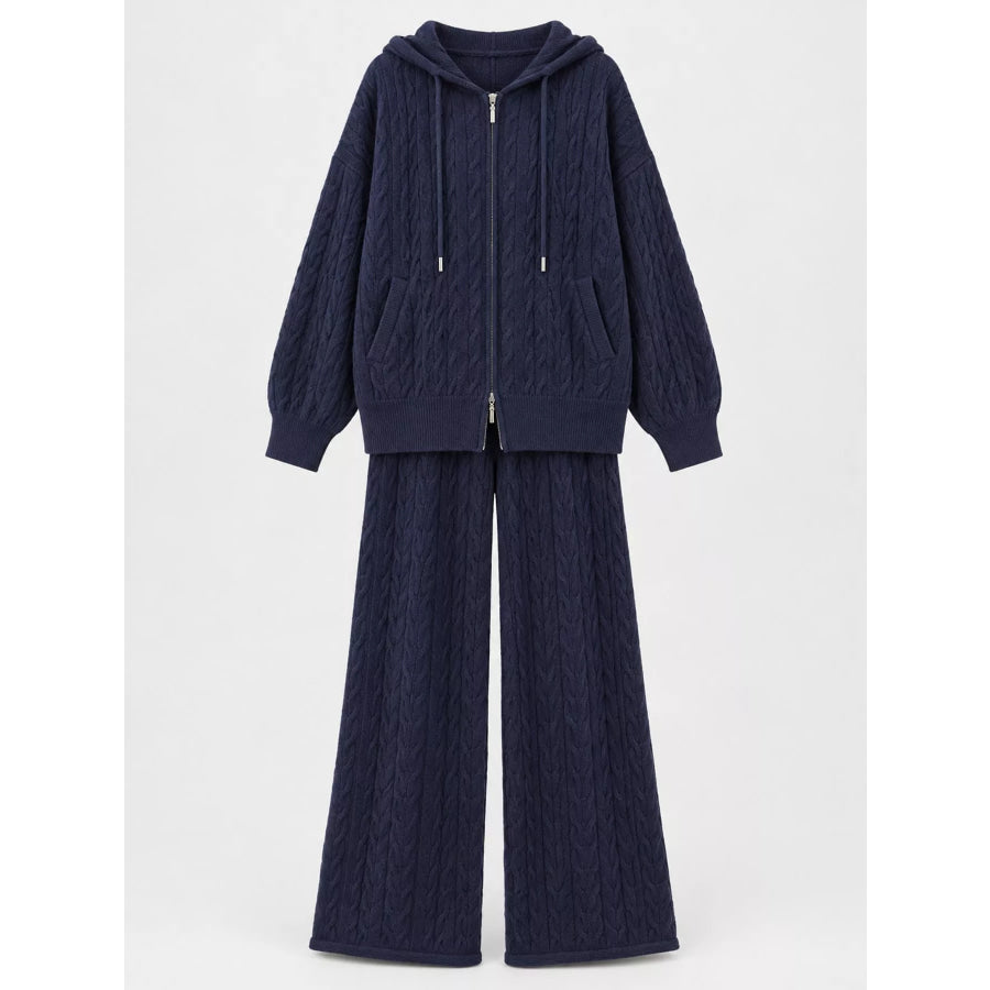 Cable Knit Zip-Up Hooded Cardigan and Wide-Leg Pants Sweater Set Apparel Accessories
