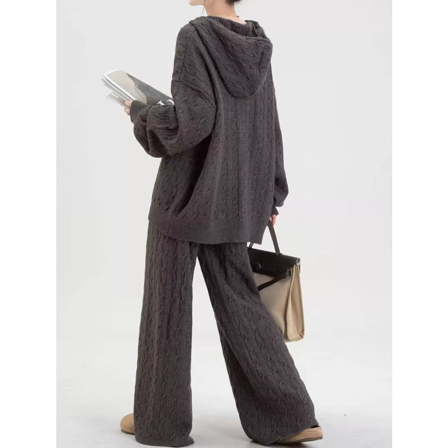 Cable Knit Zip-Up Hooded Cardigan and Wide-Leg Pants Sweater Set Apparel Accessories