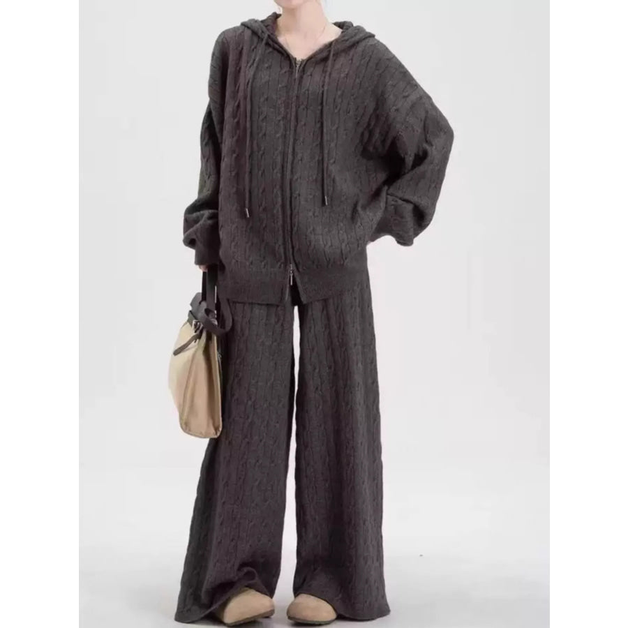 Cable Knit Zip-Up Hooded Cardigan and Wide-Leg Pants Sweater Set Apparel Accessories