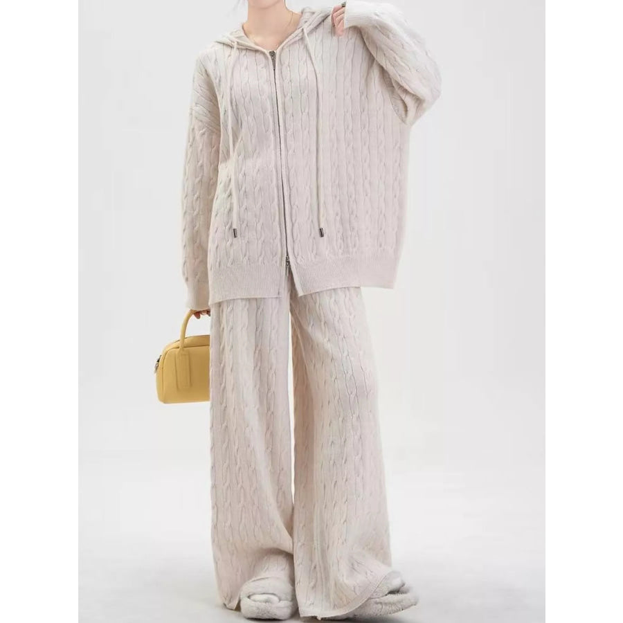 Cable Knit Zip-Up Hooded Cardigan and Wide-Leg Pants Sweater Set Apparel Accessories