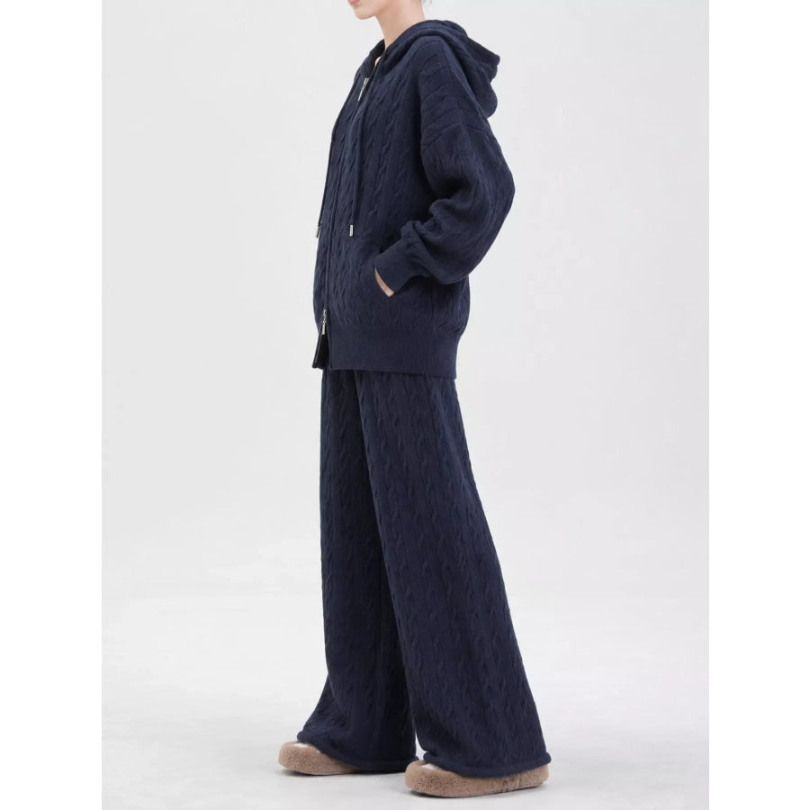 Cable Knit Zip-Up Hooded Cardigan and Wide-Leg Pants Sweater Set Apparel Accessories