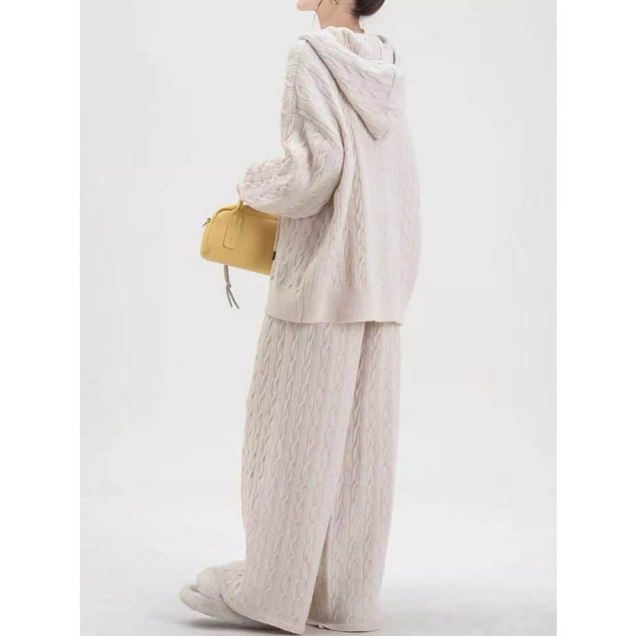 Cable Knit Zip-Up Hooded Cardigan and Wide-Leg Pants Sweater Set Apparel Accessories