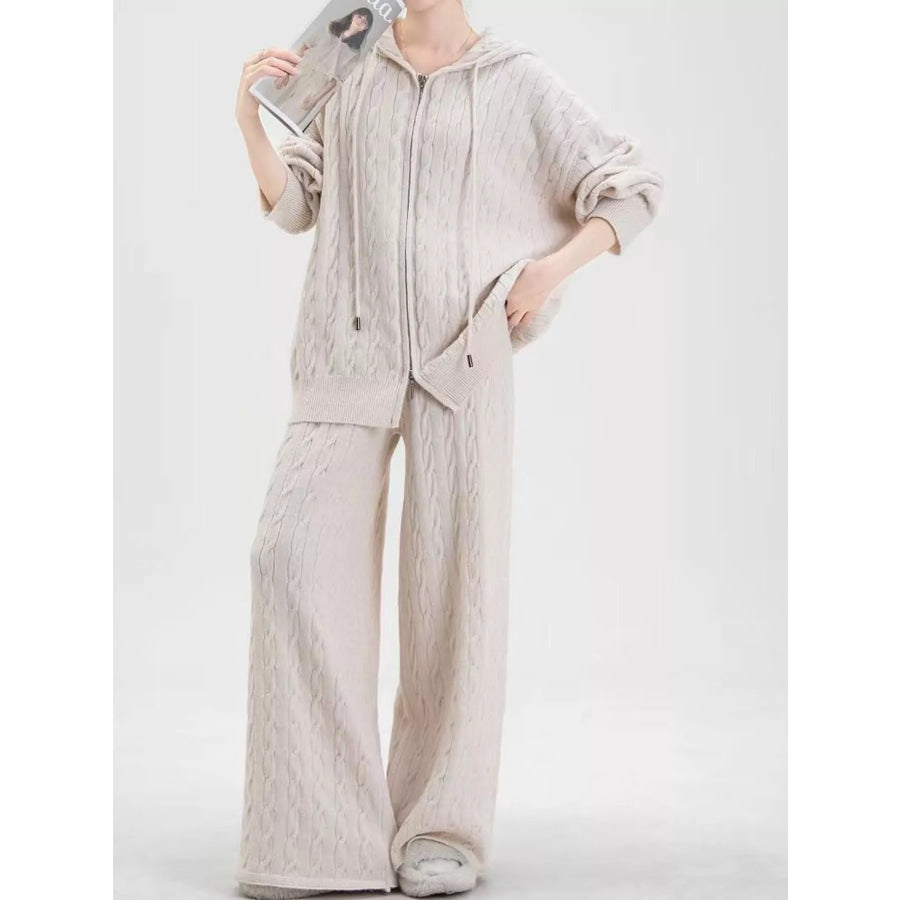 Cable Knit Zip-Up Hooded Cardigan and Wide-Leg Pants Sweater Set Apparel Accessories