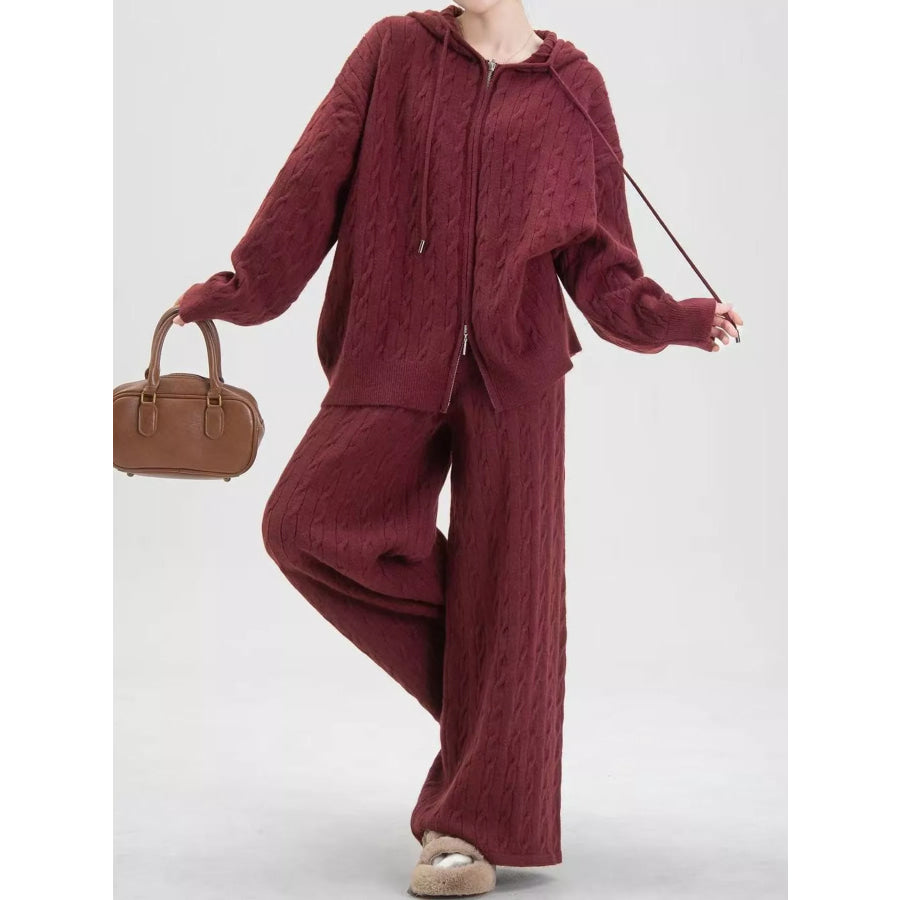 Cable Knit Zip-Up Hooded Cardigan and Wide-Leg Pants Sweater Set Apparel Accessories