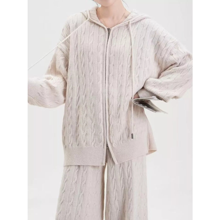 Cable Knit Zip-Up Hooded Cardigan and Wide-Leg Pants Sweater Set Apparel Accessories