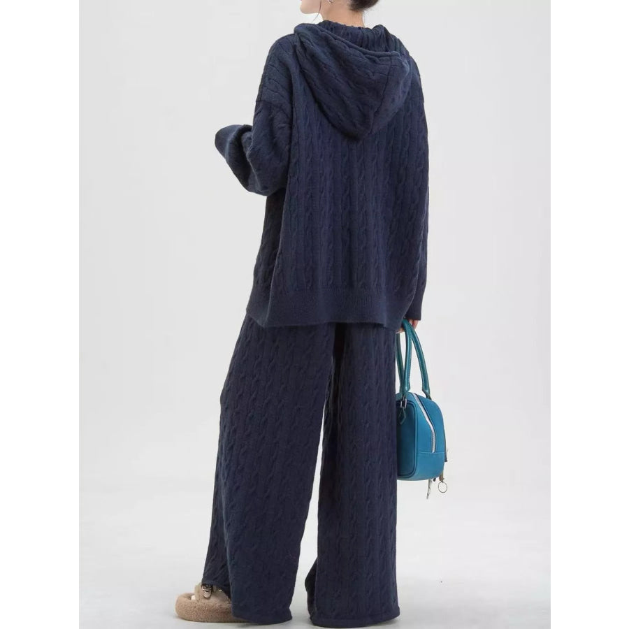 Cable Knit Zip-Up Hooded Cardigan and Wide-Leg Pants Sweater Set Apparel Accessories