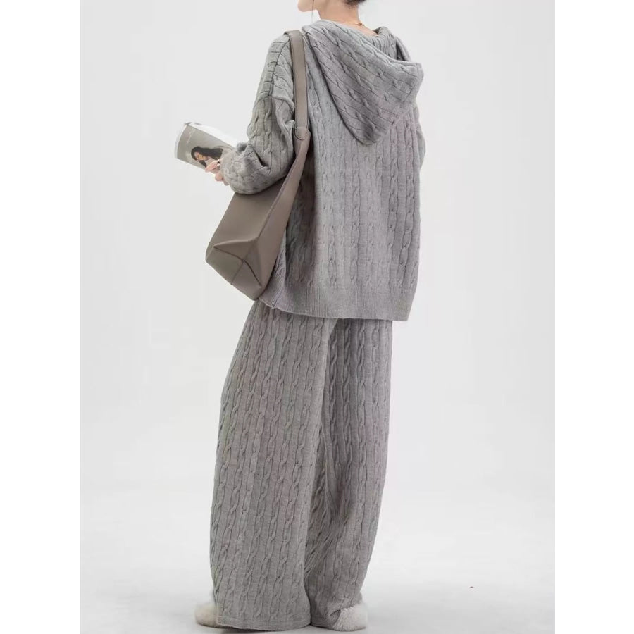 Cable Knit Zip-Up Hooded Cardigan and Wide-Leg Pants Sweater Set Apparel Accessories