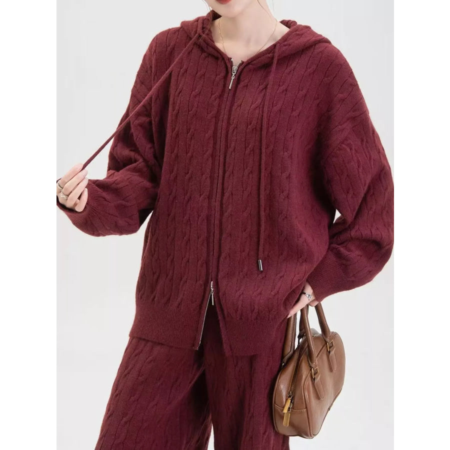 Cable Knit Zip-Up Hooded Cardigan and Wide-Leg Pants Sweater Set Apparel Accessories