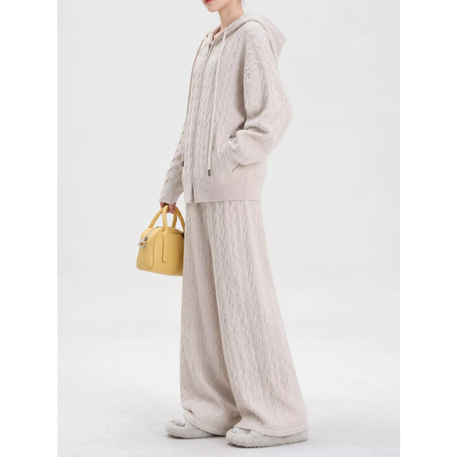 Cable Knit Zip-Up Hooded Cardigan and Wide-Leg Pants Sweater Set Apparel Accessories