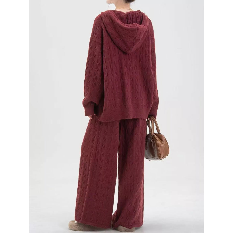 Cable Knit Zip-Up Hooded Cardigan and Wide-Leg Pants Sweater Set Apparel Accessories
