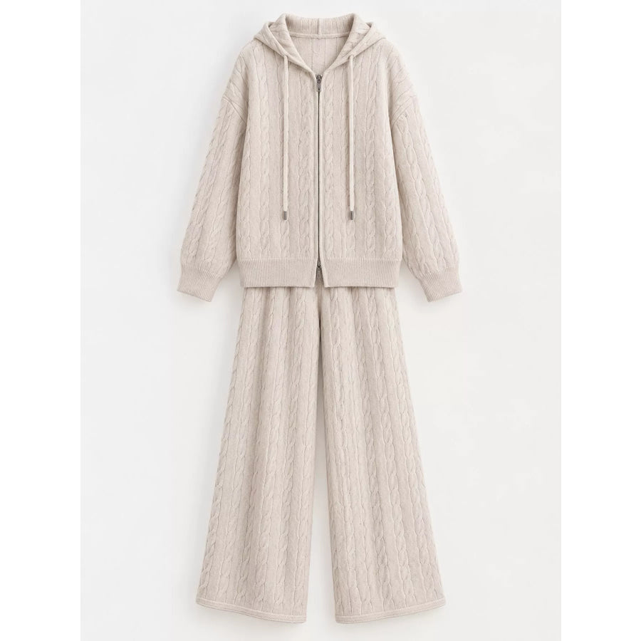 Cable Knit Zip-Up Hooded Cardigan and Wide-Leg Pants Sweater Set Apparel Accessories