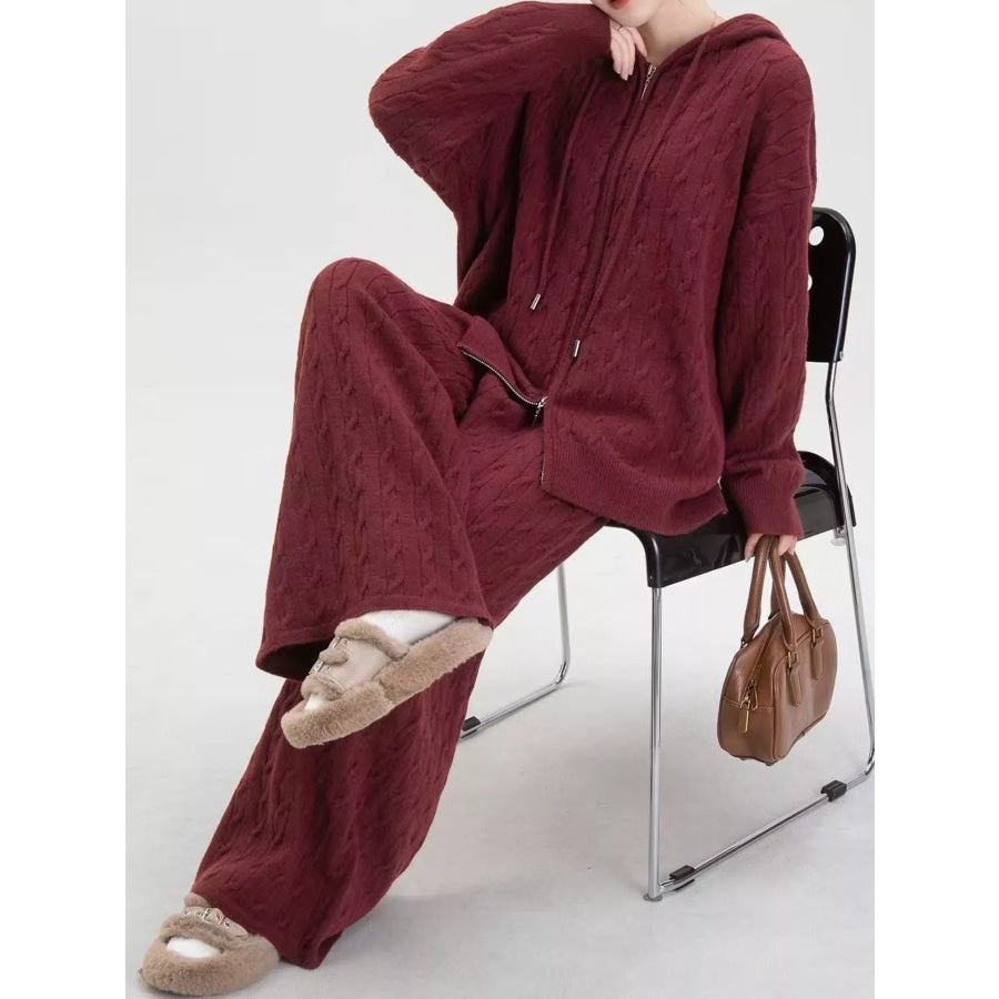 Cable Knit Zip-Up Hooded Cardigan and Wide-Leg Pants Sweater Set Apparel Accessories