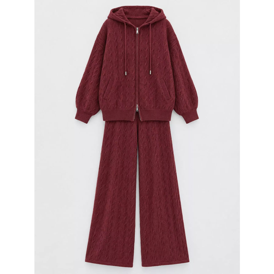 Cable Knit Zip-Up Hooded Cardigan and Wide-Leg Pants Sweater Set Apparel Accessories