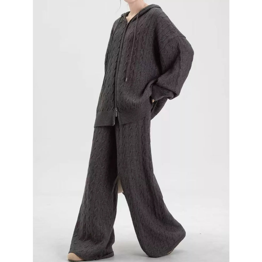 Cable Knit Zip-Up Hooded Cardigan and Wide-Leg Pants Sweater Set Apparel Accessories