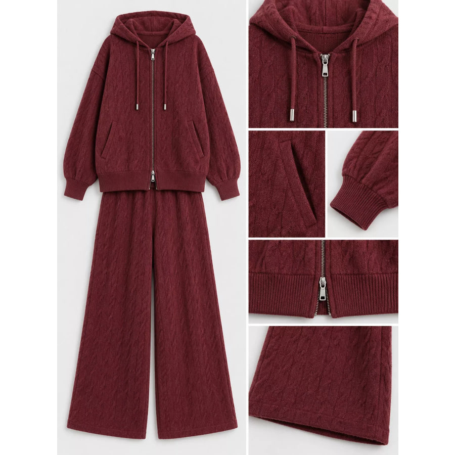 Cable Knit Zip-Up Hooded Cardigan and Wide-Leg Pants Sweater Set Apparel Accessories