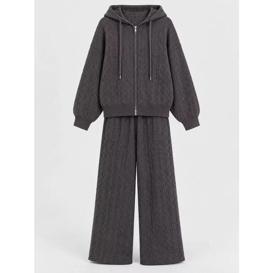 Cable Knit Zip-Up Hooded Cardigan and Wide-Leg Pants Sweater Set Apparel Accessories