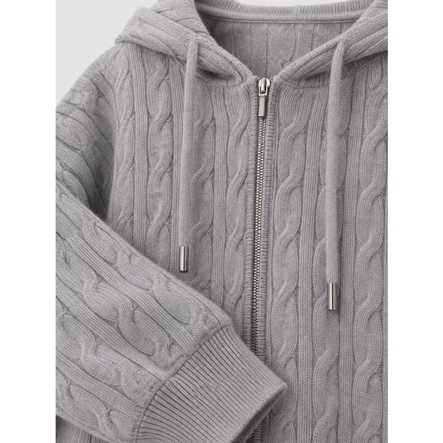 Cable Knit Zip-Up Hooded Cardigan and Wide-Leg Pants Sweater Set Apparel Accessories
