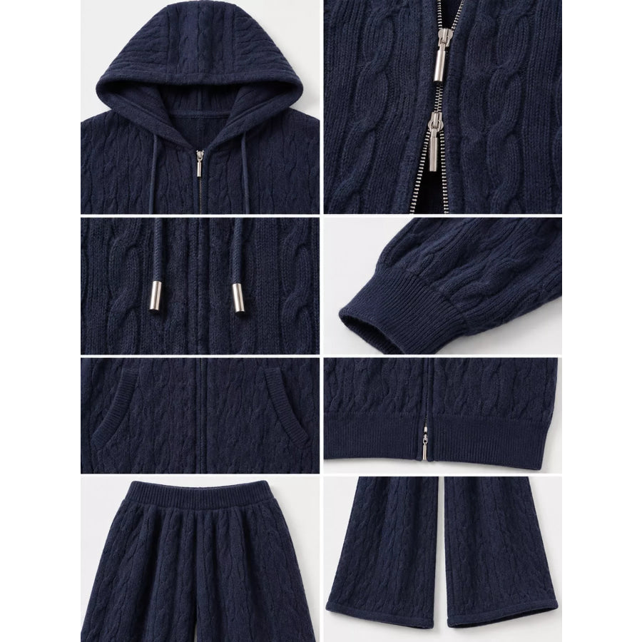 Cable Knit Zip-Up Hooded Cardigan and Wide-Leg Pants Sweater Set Apparel Accessories
