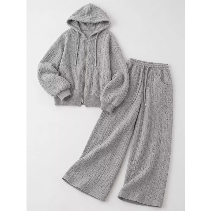 Cable Knit Zip-Up Hooded Cardigan and Wide-Leg Pants Sweater Set Apparel Accessories
